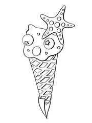 contour line illustration food ice cream cone with berries summer cartoon style design element coloring book sticker cover logo print