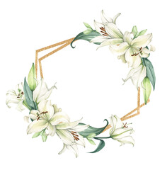 Fototapeta premium White lily. Floral bouquet. Hand drawn clipart for wedding invitations, birthday stationery, greeting cards, scrapbooking. Watercolor illustration.