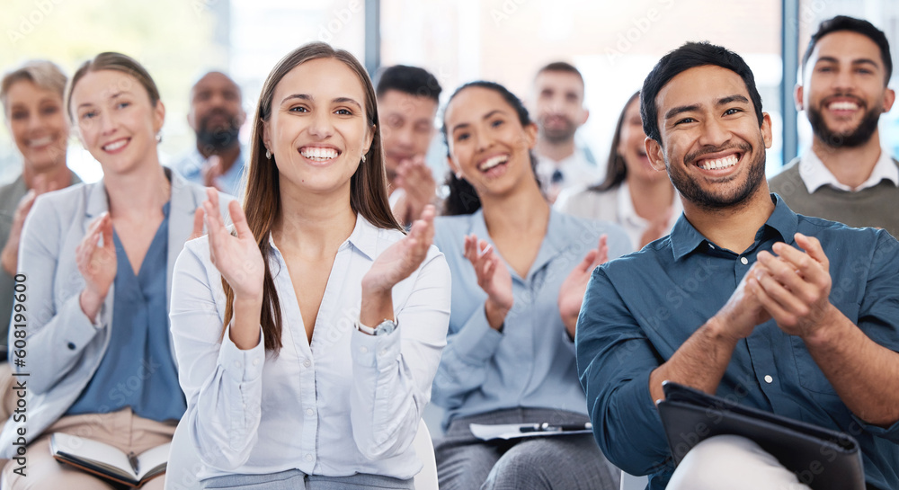 Sticker Applause, happy and business people as an audience at a seminar with support or motivation. Smile, team and employees clapping hands for success, agreement or celebration at a workshop or conference