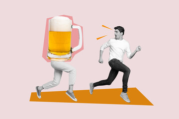 Picture unusual template collage of scared man run fast away from beer mug chase stop alcoholic...