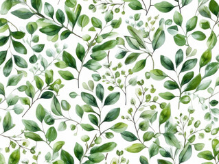Seamless watercolor floral pattern - green leaves and branches composition on white background