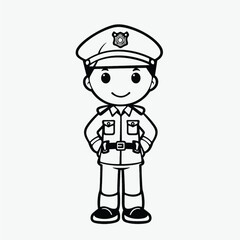 Child-Friendly Coloring Page: Simple Black and White Illustration of a Cute Policeman