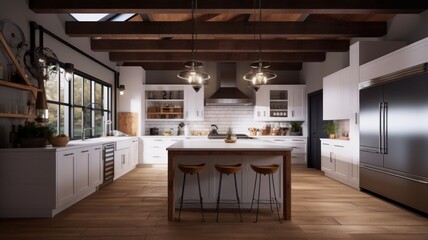Fototapeta na wymiar Modern spacious country house kitchen, white fronts and countertops, wooden floors and ceiling beams, kitchen island with bar stools. Generative AI