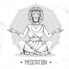 Hand drawing hipster animal lion meditating in lotus position on mandala background. Vector illustration