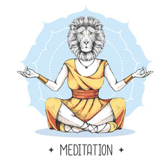 Hand drawing hipster animal lion meditating in lotus position on mandala background. Vector illustration