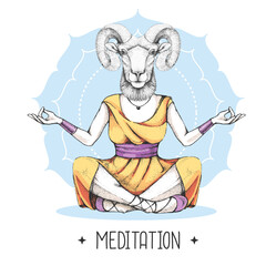 Hand drawing hipster animal ram or mouflon meditating in lotus position on mandala background. Vector illustration