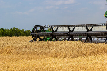 Fototapeta premium Photo of combine harvester that is harvesting wheat with dust straw in the air