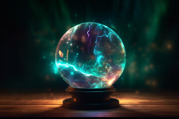 a crystal ball on a wooden table in a dark room, reflecting the light around it.