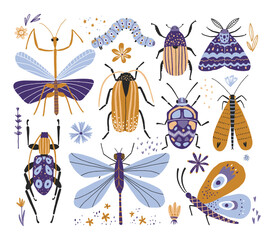 Stylized hand drawn insects set