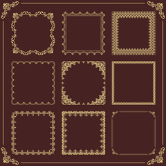 Vintage set of vector patterns. Brown and golden square elements for decoration and design frames, cards, menus, backgrounds and monograms. Classic patterns.