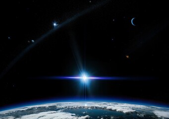 a view of the earth from space with a bright beam of light shining in the distance and a bright star in the middle