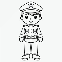 Black and White Coloring Page: Flat Vector Illustration of a Cute Policeman for Kids