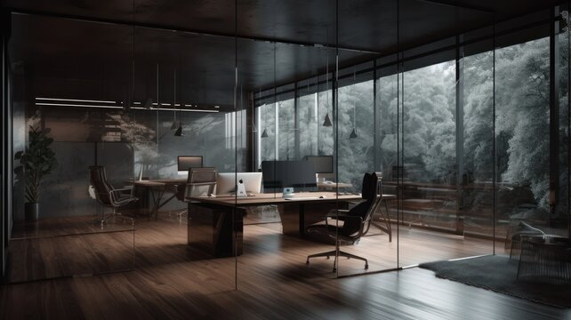 Comfortable And Refined Office Space In A Modern Building. Dark Muted Tones, A Wooden Desktop With A Desktop Computer, Expensive Elite Finishing Materials, Huge Panoramic Windows. Generative AI