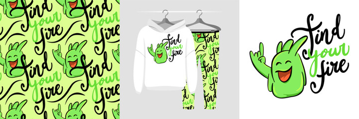 Seamless pattern and illustration set with cute monster and text Find your fire. Baby design pajamas, background for apparel, room decor, tee print, party invitation, baby shower, fabric design