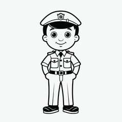 Simple Kids Coloring Page: Full Body Shot of a Cute Policeman with Simple Outline