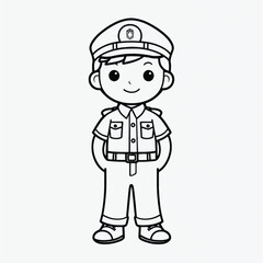 Fototapeta na wymiar Simple Kids Coloring Page: Full Body Shot of a Cute Policeman with Simple Outline