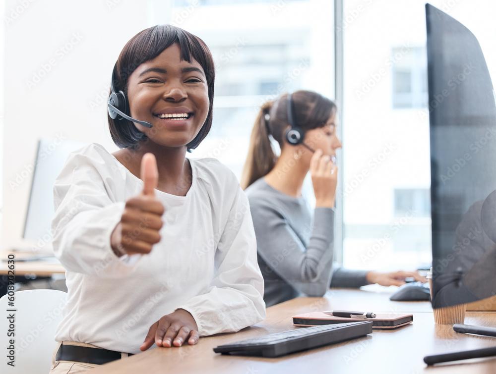 Wall mural thumbs up, woman with headset and on a computer desk in her office at work. telemarketing or custome