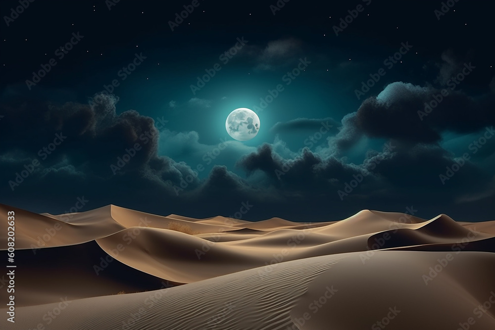 Wall mural Abstract sand dunes landscape with moon at night. 3D modern art mural wallpaper with matte dark blue background. Dark landscape with stars and moon. Minimalistic style. Generative AI