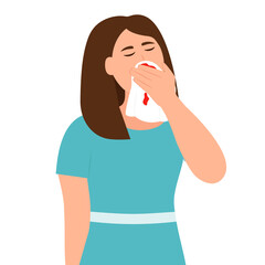  Woman Holding Tissue or Handkerchief and Wiping Blood Off Her Nose. Nose Bleeding Symptom. Vector illustration