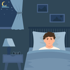 Sleepless man suffering from insomnia.Man try to sleep under blanket. Flat style vector illustration.
