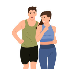 Fototapeta na wymiar Happy man and woman running outdoor together. Sport activity, healthy lifestyle. Flat vector cartoon illustration