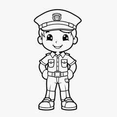 Simple Kids Coloring Page: Full Body Shot of a Cute Policeman with Simple Outline