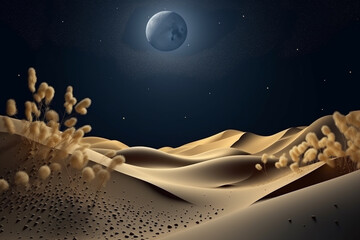 Obraz na płótnie Canvas Abstract sand dunes landscape with moon at night. 3D modern art mural wallpaper with matte dark blue background. Dark landscape with stars and moon. Minimalistic style. Generative AI