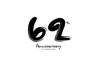 62 Years Anniversary Celebration logo black paintbrush vector, 62 number logo design, 62th Birthday Logo, happy Anniversary, Vector Anniversary For Celebration, poster, Invitation Card