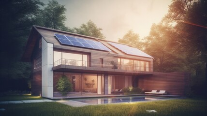 Obraz premium A modern two-story cottage in a minimalist style with solar panels on the roof. Panoramic windows, spacious terrace. Swimming pool and tidy lawn. Soft evening light. Generative AI