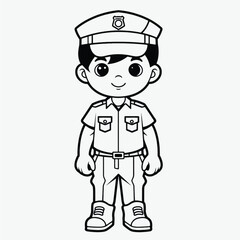 Simple Kids Coloring Page: Full Body Shot of a Cute Policeman with Simple Outline