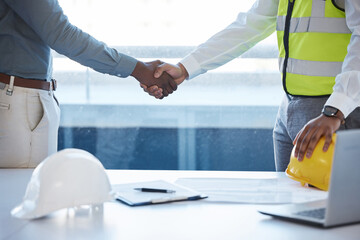 Planning handshake, meeting and builders with a deal for a maintenance contract or agreement. Thank...