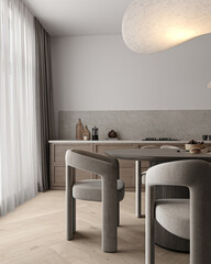 Modern simple scandinavian style kitchen interior design. Decoration with gray pastel counter, wooden cabinet and stone counter top. 3d rendering. High quality 3d illustration © Viktoria Kovalchuk