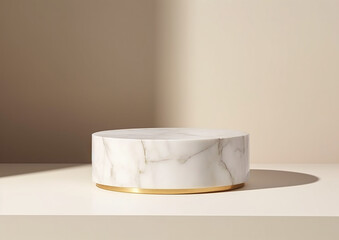 Marble product display podium with shadow nature leaves on gray background. Generative ai