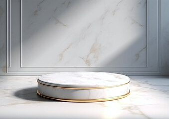 Marble product display podium with shadow nature leaves on gray background. Generative ai