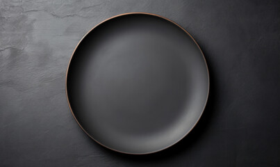Empty round black plate on dark moody dark background with copy space