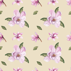 Seamless pattern with spring flowers and magnolia rosea leaves, floral pattern for wallpaper background, watercolor