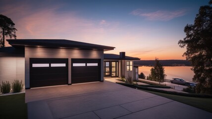 Fototapeta na wymiar Modern luxury villa with white walls, double garage and parking area. Beautiful sunset sky. Generative AI