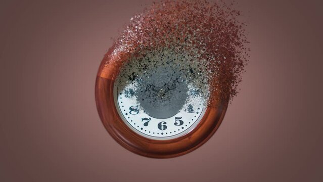 Clock disintegrates into pieces on a brown background