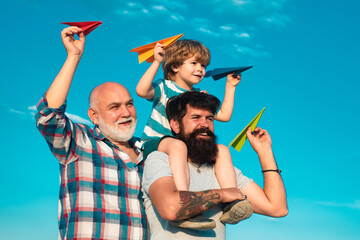 Fathers day. Family dream. Child dreams with plane. Grandfather father and child son dream....