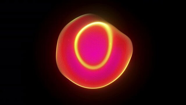 Fire red 3D sphere with moving waving pixelated surface on black background. Abstract visualization of soundwaves, data protection or artificial intelligence. Seamless loop animation of ethereal waves