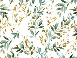 Seamless watercolor floral pattern - green & gold leaves, branches composition on white background