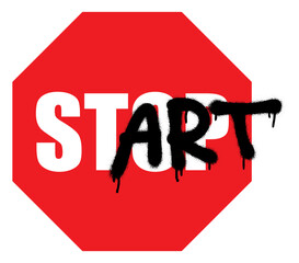 The spray-painted word ART covers the traffic sign STOP and the word START is formed.