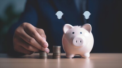 Close up hand businessman, male putting coin into a piggy ceramic for saving cost, financial plans to spend enough money income for saving money and payment, finance people, save money, Generative AI