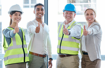 Thumbs up, engineering and portrait of people for success, thank you and construction worker like,...