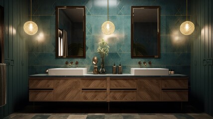 Modern luxury bathroom in Art Deco style, emerald green walls, gold-framed mirrors, gold-plated accessories and faucets. Generative AI