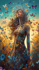 woman with flowing hair standing in a feild of butterfly Generative AI