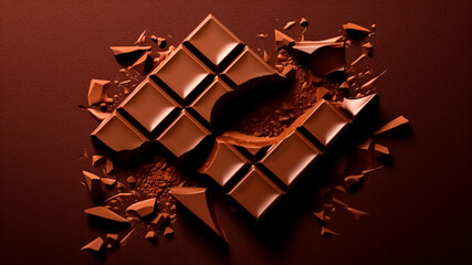 Fototapeta na wymiar Broken chocolate bar on brown background. Generative AI.
