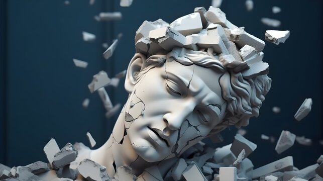 Broken Ancient Greek Statue Head Falling Apart - Concept of Depression