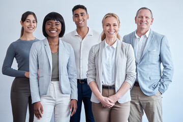 Happy, company diversity and portrait of business people in a legal office for work. Smile,...