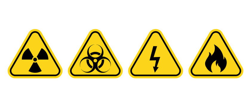 Danger signs vector icon set. Radioactive, biohazard, high voltage, flammable warning symbol. Caution label